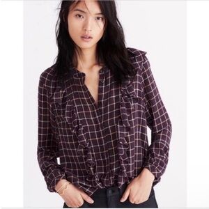Madewell Plaid Ruffle Front top brown gold plaid flannel wool ruffle